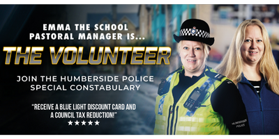 Campaign graphic with words The Volunteer, showing Special Constable Emma